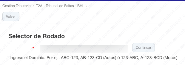 Selector de rodado para consultar multas por patente en Bahía Blanca