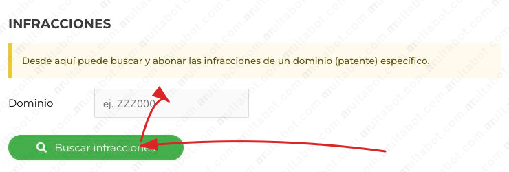 Formulario para consultar infracciones de Caminos de las Sierras por patente