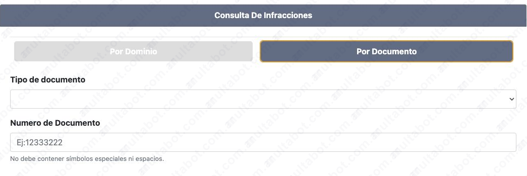 Formulario de infracciones con selector de documento y campo numérico
