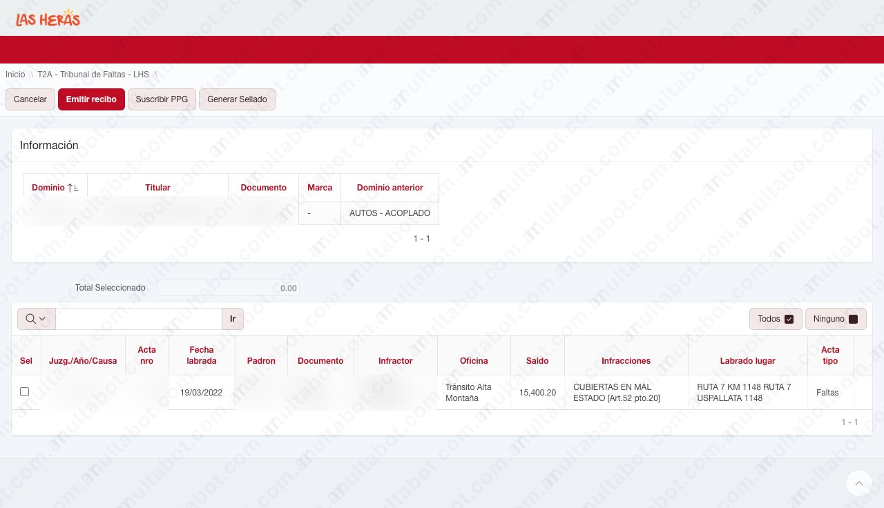 Resultado de multas de Las Heras con fecha, oficina, saldo, infracción, lugar y acciones disponibles
