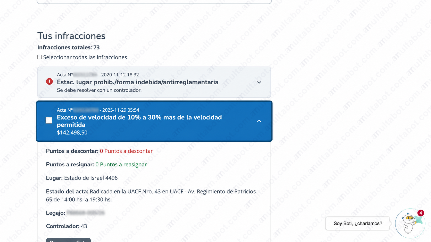 Detalle de una multa en CABA con fecha, descripción, importe, lugar y estado del acta