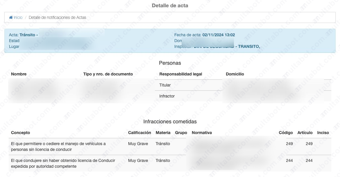 Detalle de un acta de tránsito en el sistema usado por Arias