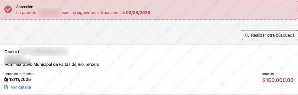 Resultado de una multa de Río Tercero con fecha, juzgado e importe