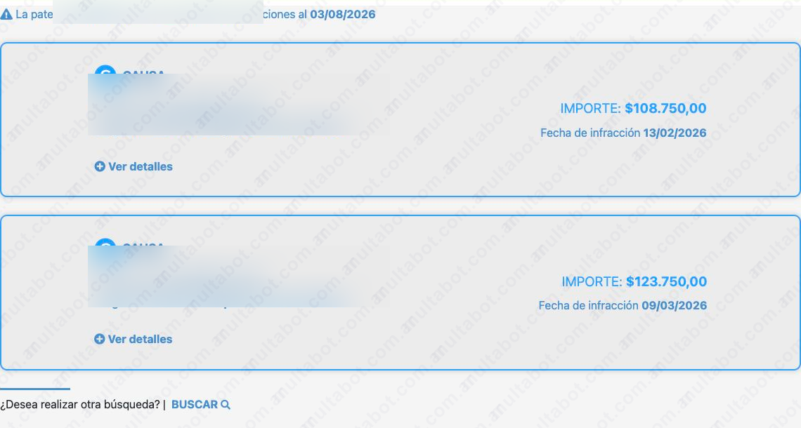 Listado de fotomultas de Villa La Angostura con fechas e importes